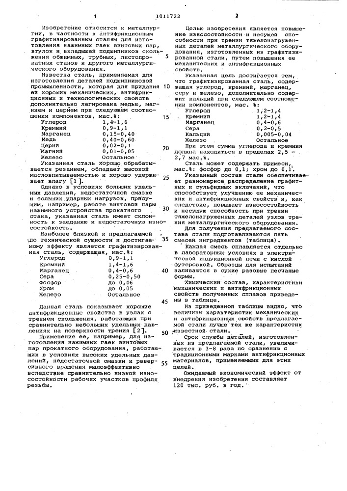 Графитизированная сталь (патент 1011722)