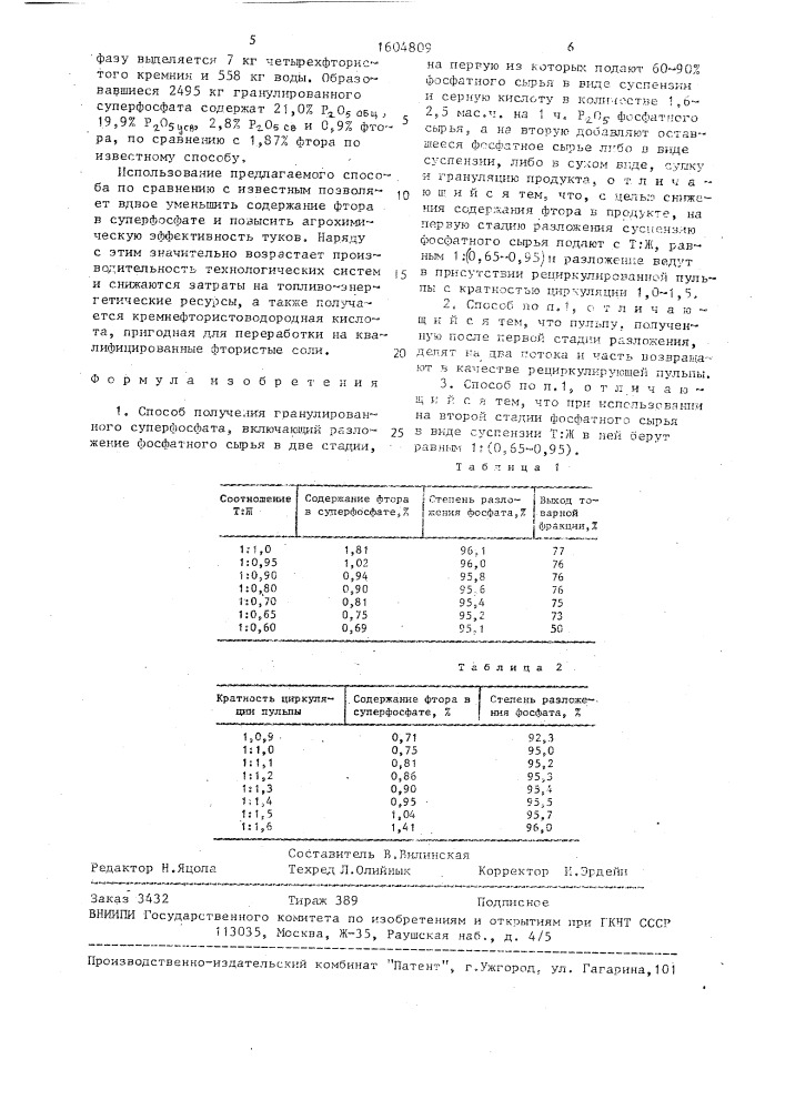 Способ получения гранулированного суперфосфата (патент 1604809)