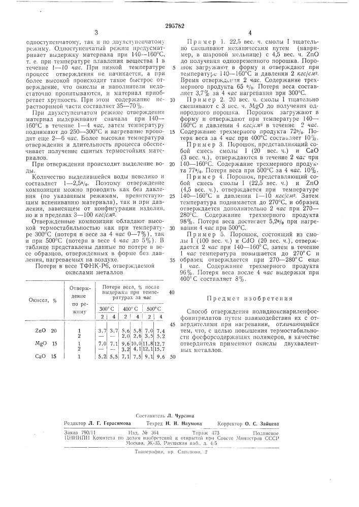 Способ отверждения полидиоксиариленфосфонитрила'в с s с о iv с. .^; а н11атп?..,,.с..':5хг;:^чтская.^•^иотена мбаtrsr (патент 295782)