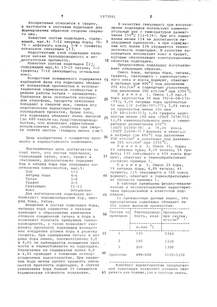 Состав подкладки для формирования обратной стороны шва (патент 1073061)