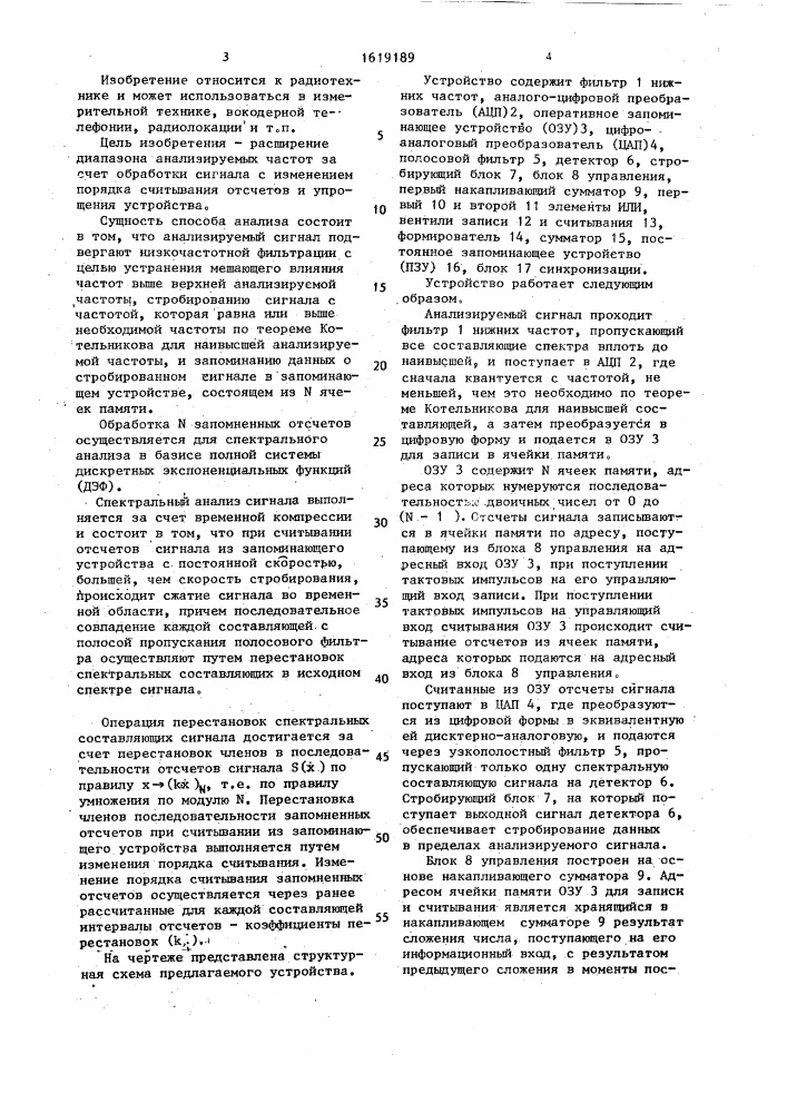 Способ автоматического анализа спектра сигналов с временной компрессией и устройство для его осуществления (патент 1619189)