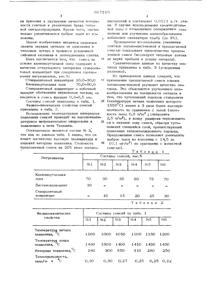 Теплоизолирующая смесь для сифонной разливки металла (патент 667319)