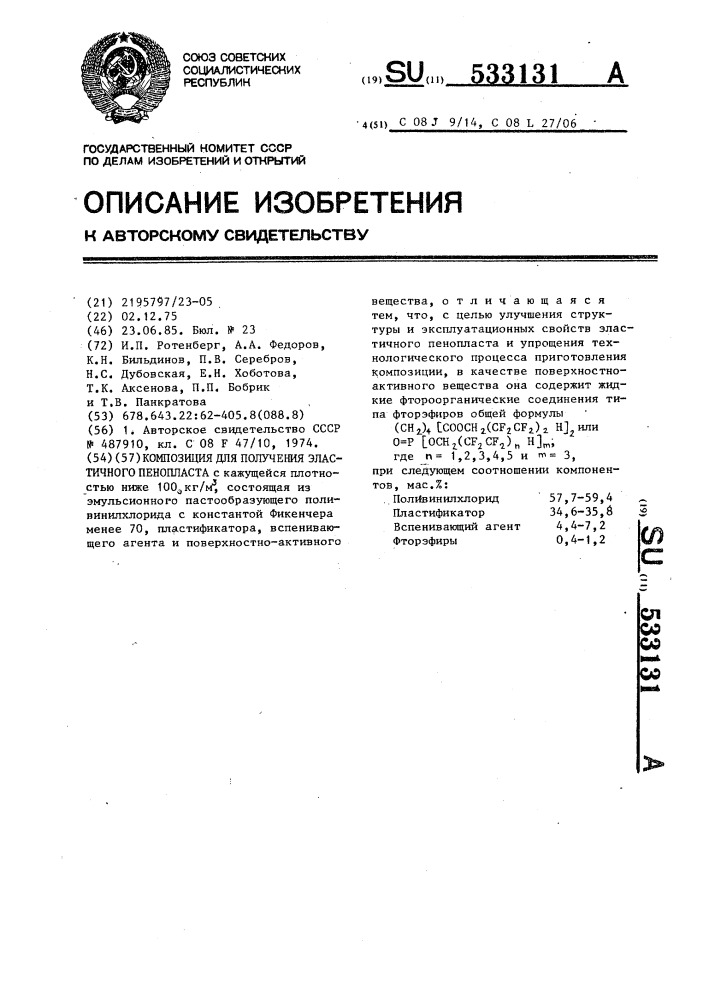 Композиция для получения эластичного пенопласта (патент 533131)