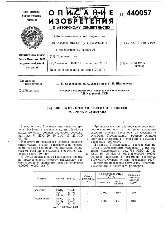 Способ очистки ацетилена от примеси фосфина и сульфана (патент 440057)