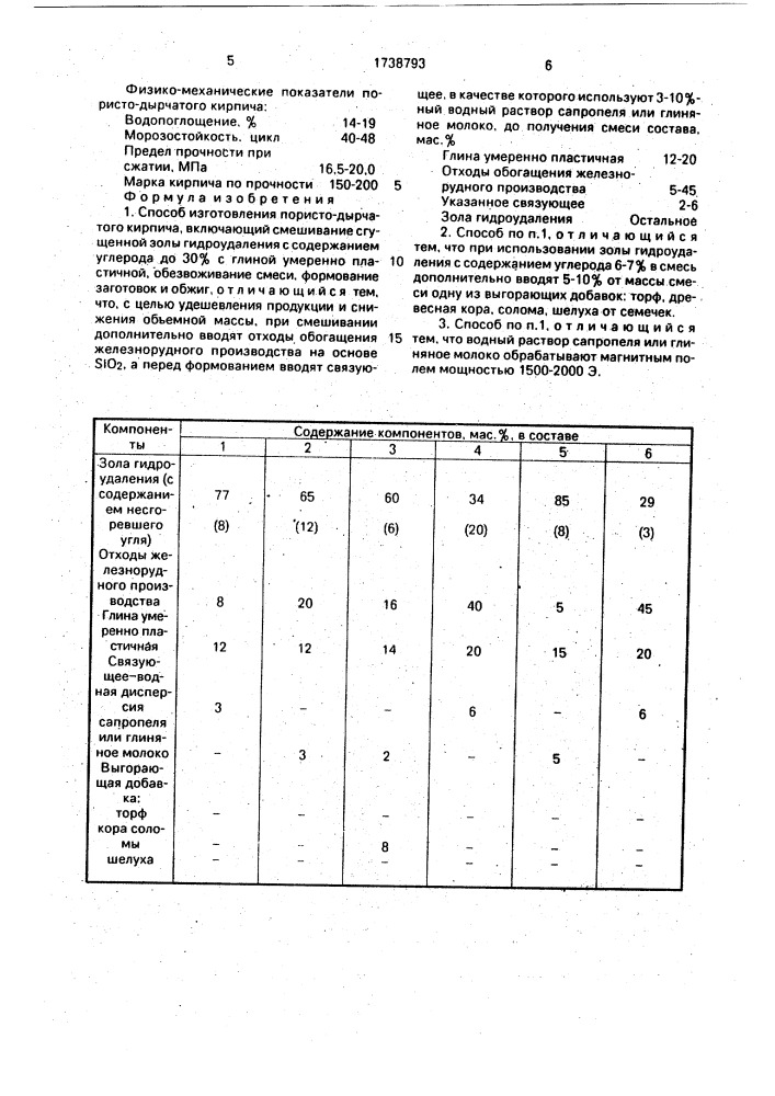 Способ изготовления пористо-дырчатого кирпича (патент 1738793)