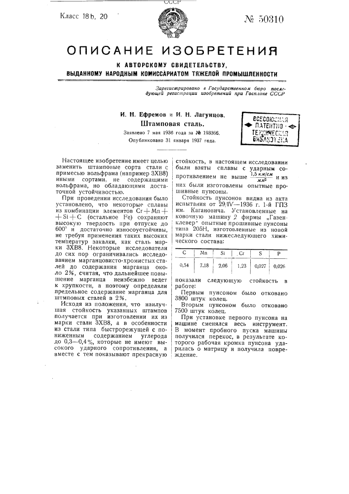 Штампован сталь (патент 50310)
