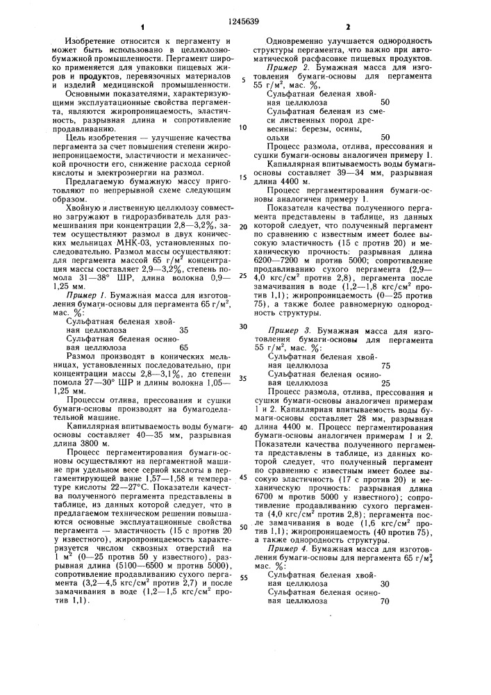 Бумажная масса для изготовления бумаги-основы для пергамента (патент 1245639)