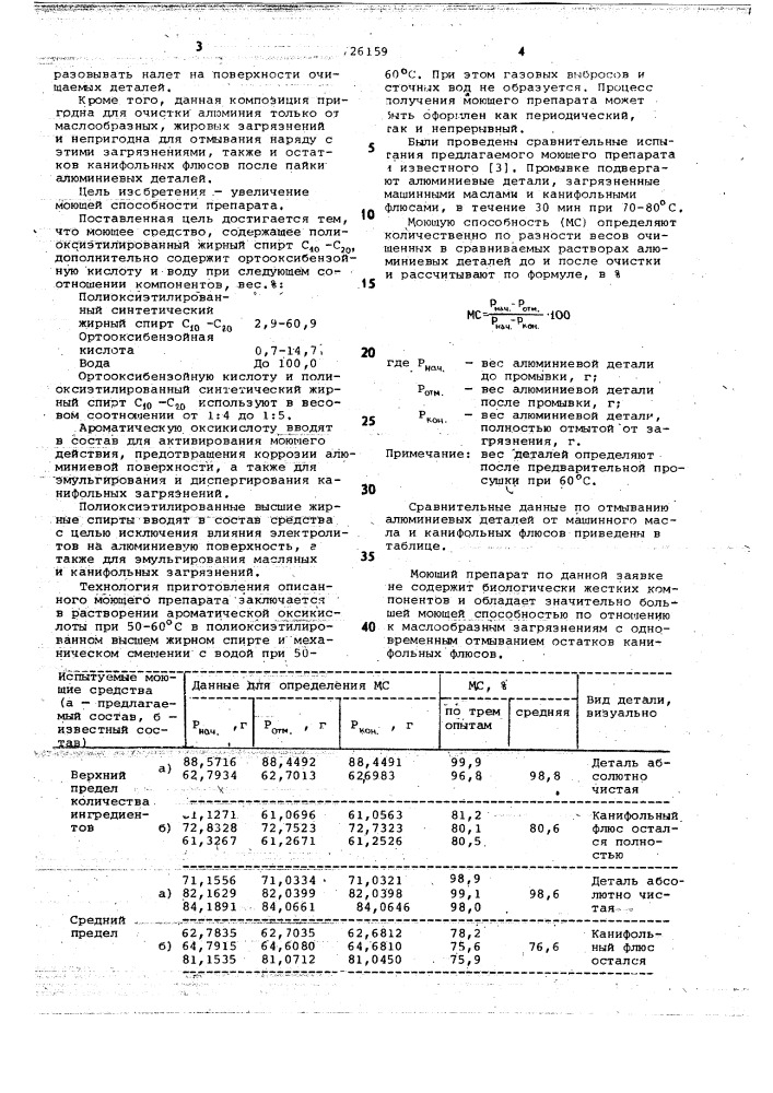 Моющее средство для очистки металлической поверхности от жировых и канифольных загрязнений (патент 726159)