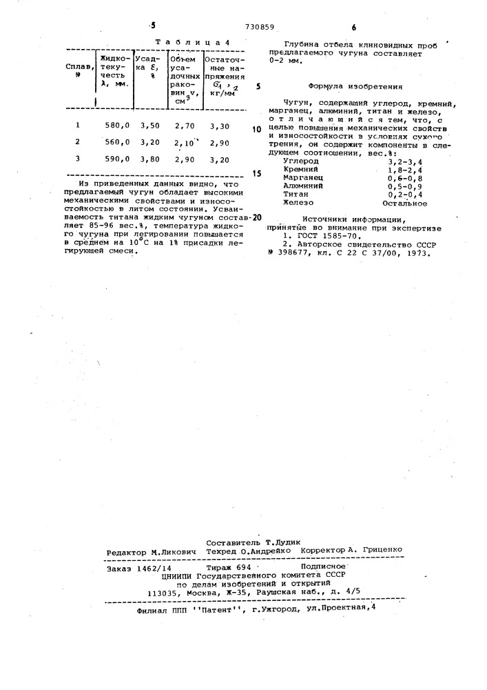 Чугун (патент 730859)