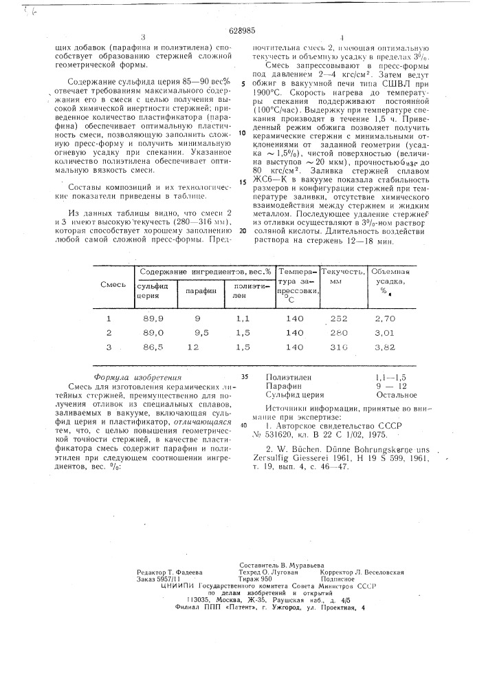 Смесь для изготовления керамических литейных стержней (патент 628985)