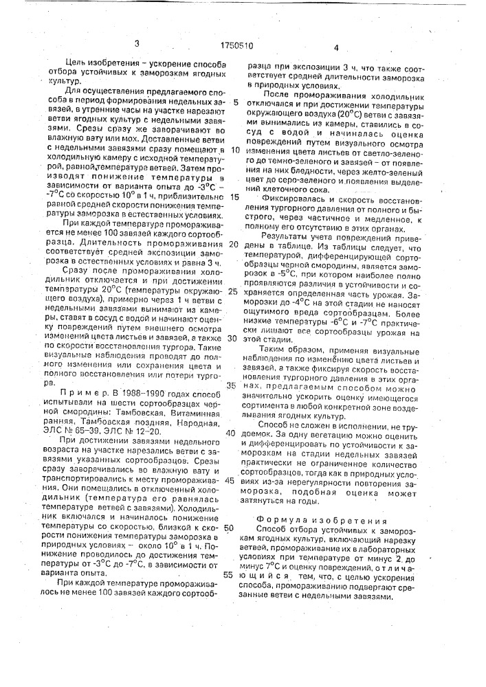 Способ отбора устойчивых к заморозкам ягодных культур (патент 1750510)