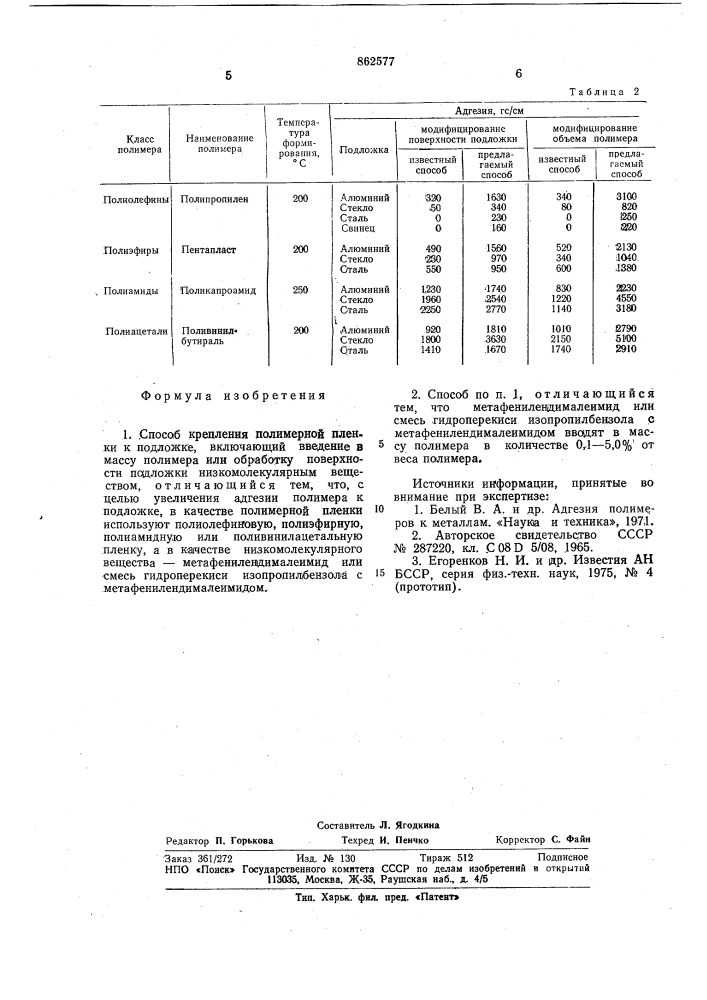 Способ крепления полимерной пленки к подложке (патент 862577)