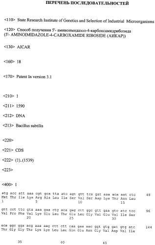 Способ микробиологического синтеза пуринового нуклеозида 5&#39;-аминоимидазол-4-карбоксамидрибозида (аикар) и штамм бактерий bacillus subtilis - продуцент аикар (патент 2405833)