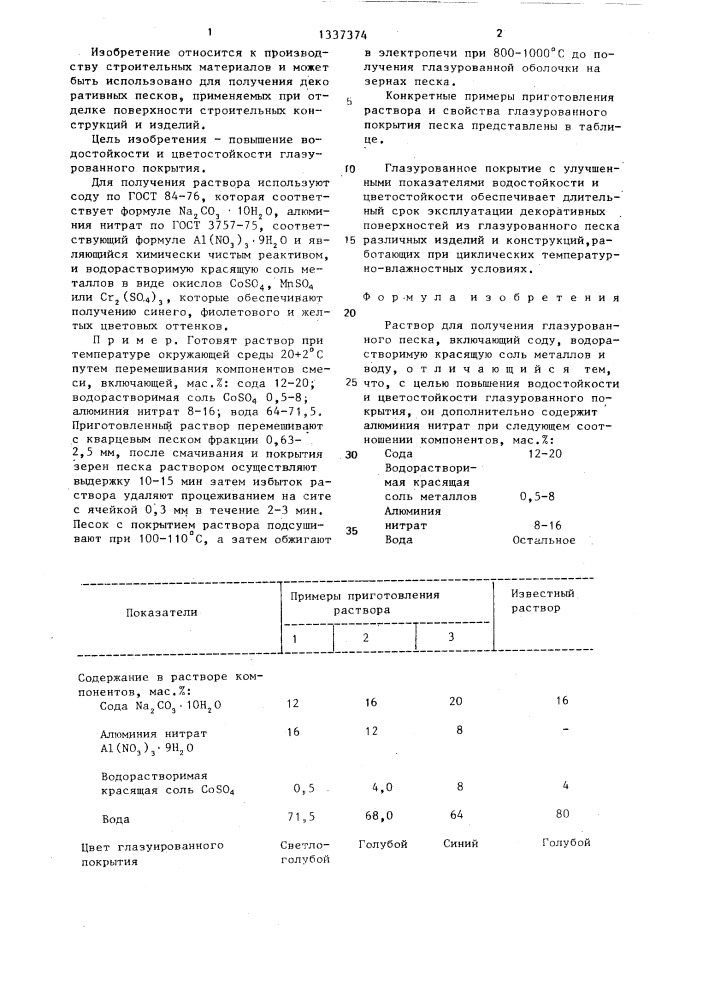 Раствор для получения глазурованного песка (патент 1337374)