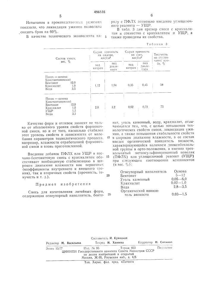 Смесь для изготовления литейных форм (патент 486846)