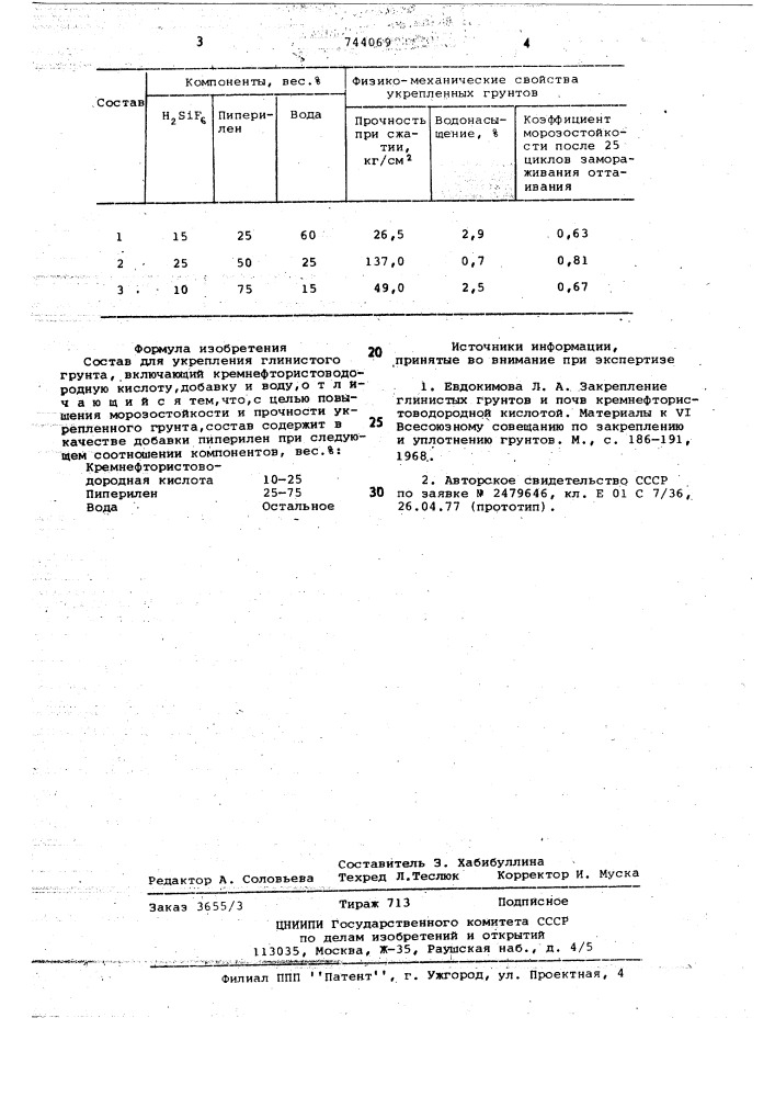 Состав для укрепления глинистого грунта (патент 744069)