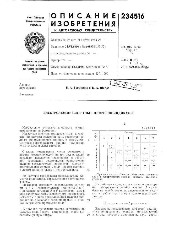 Электролюминесцентный цифровой индикатор (патент 234516)