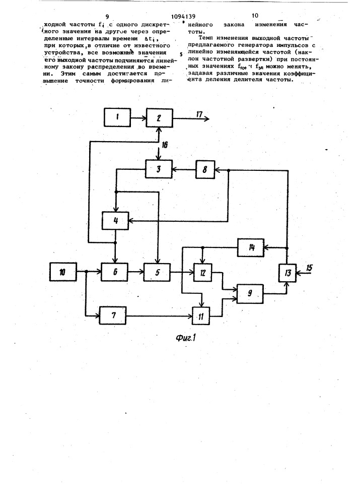 Генератор импульсов с линейно-изменяющейся частотой (патент 1094139)