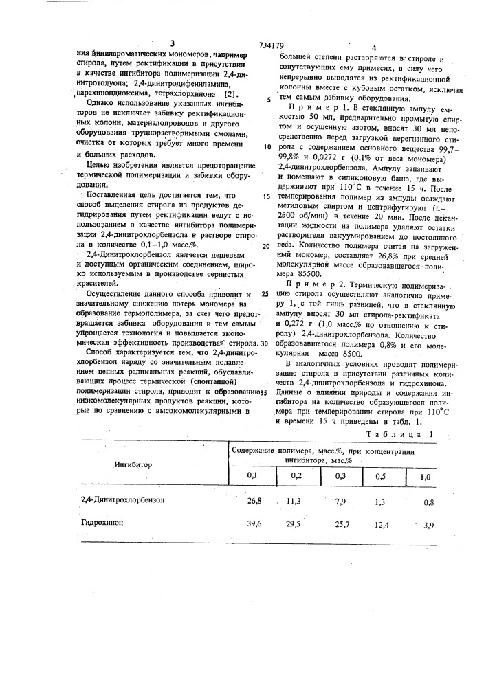 Способ выделения стирола из продуктов дегидрирования этилбензола (патент 734179)