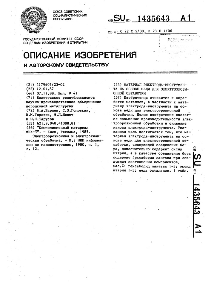 Материал электрода-инструмента на основе меди для электроэрозионной обработки (патент 1435643)