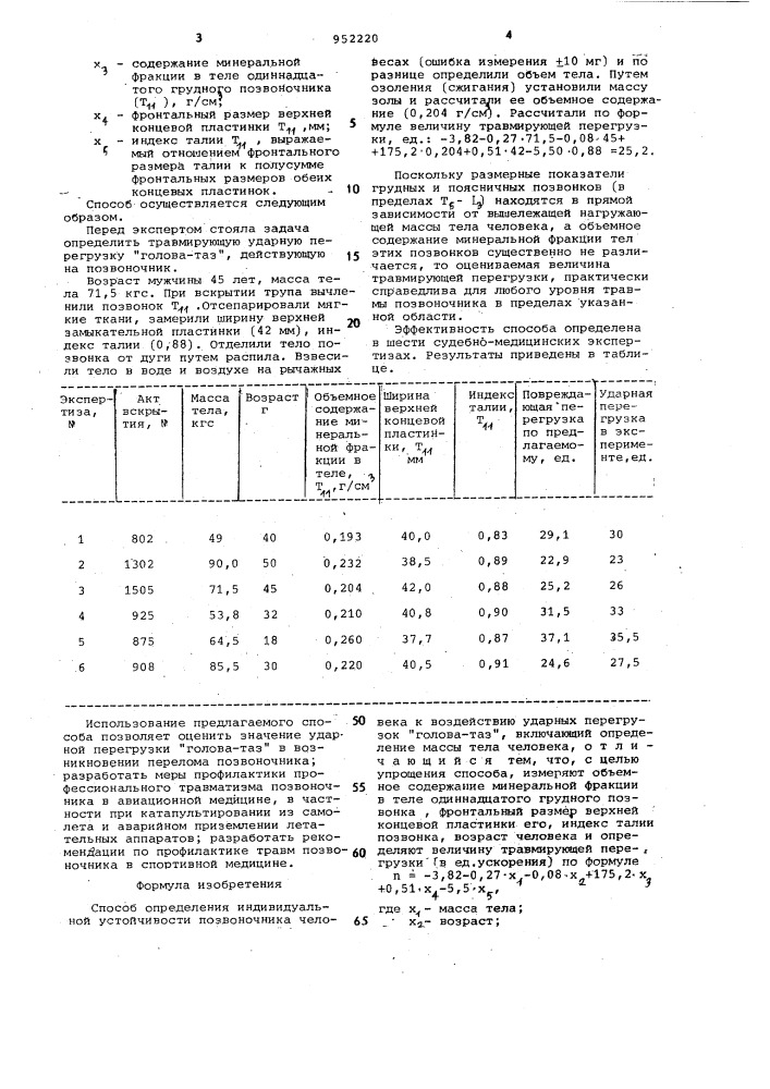 Способ определения индивидуальной устойчивости позвоночника человека к воздействию ударных перегрузок "голова-таз (патент 952220)