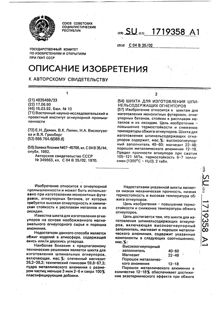 Шихта для изготовления шпинельсодержащих огнеупоров (патент 1719358)