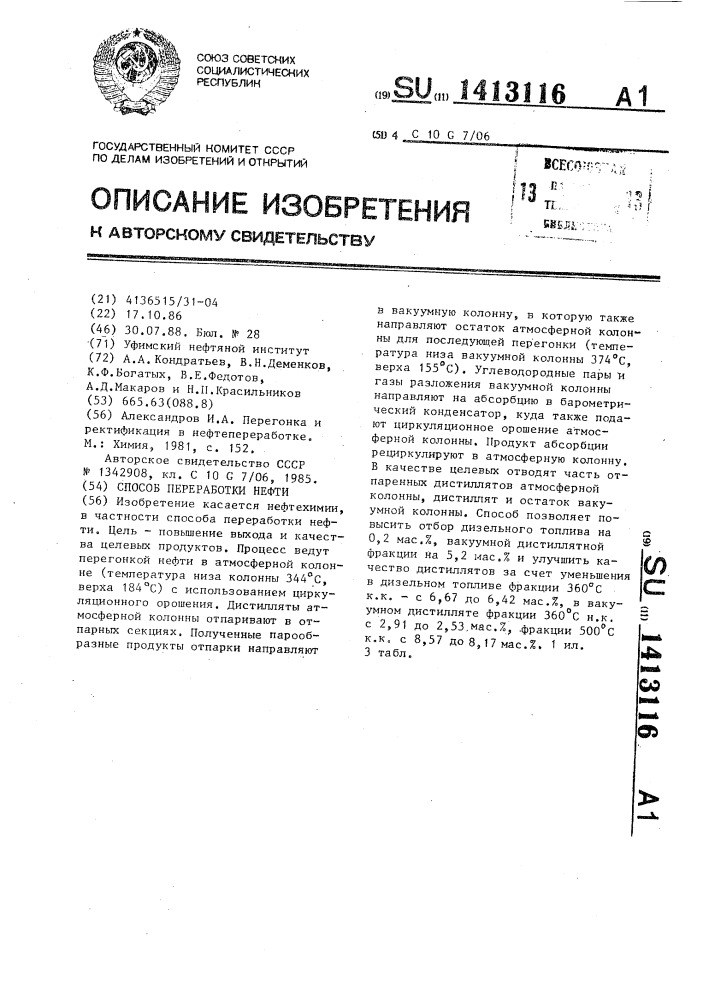 Способ переработки нефти (патент 1413116)