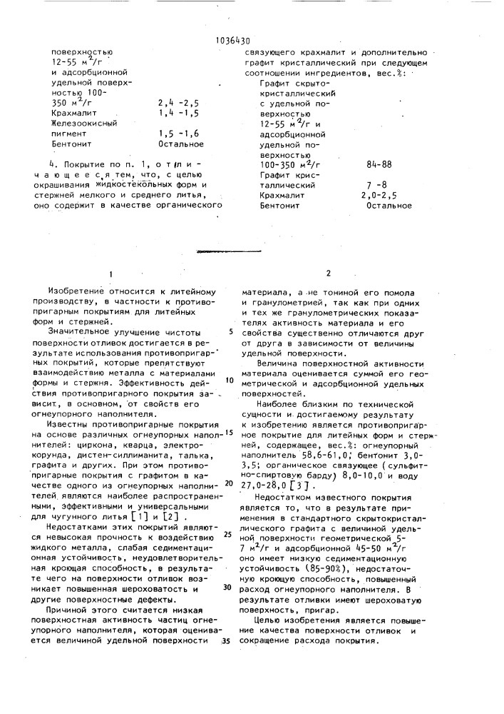 Противопригарное покрытие для литейных форм и стержней (патент 1036430)