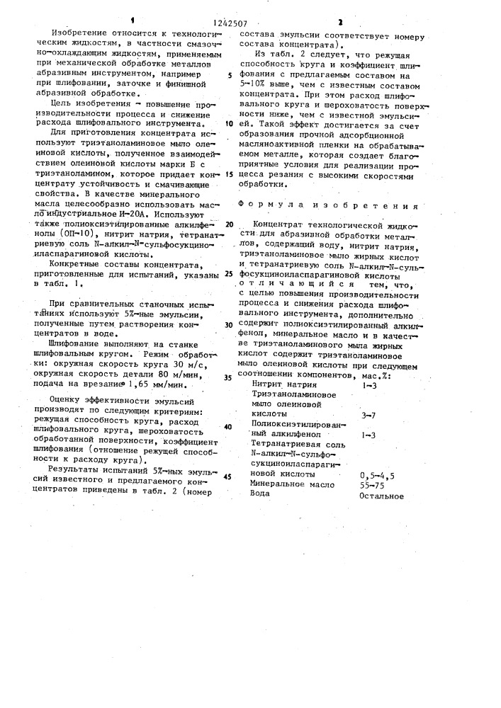 Концентрат технологической жидкости для абразивной обработки металлов (патент 1242507)