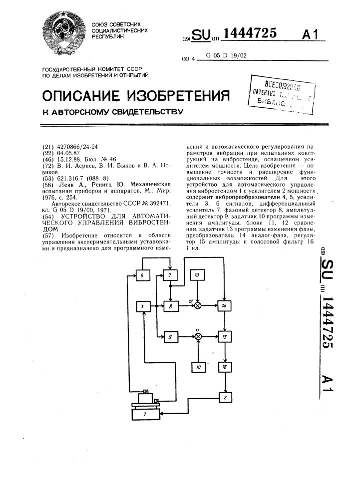 Устройство для автоматического управления вибростендом (патент 1444725)