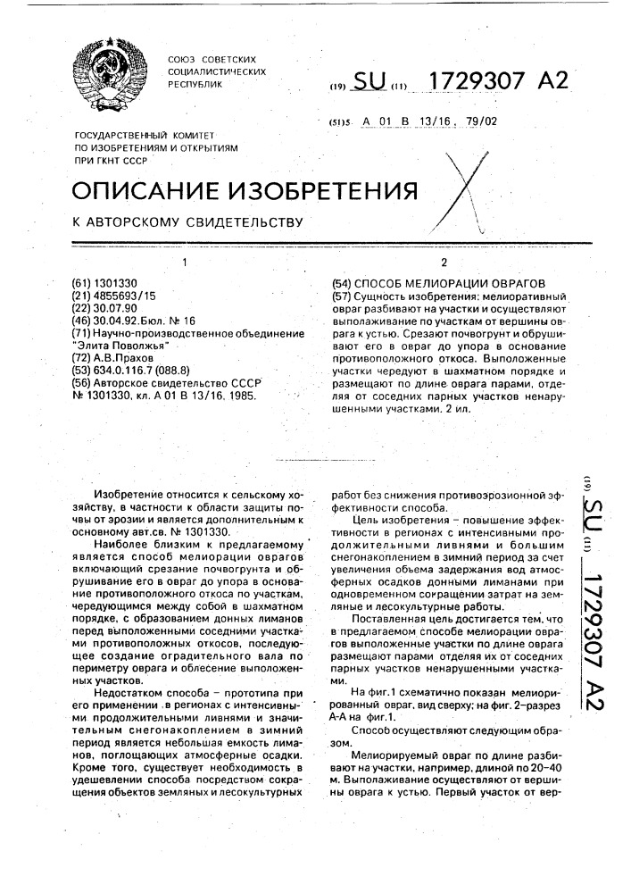 Способ мелиорации оврагов (патент 1729307)