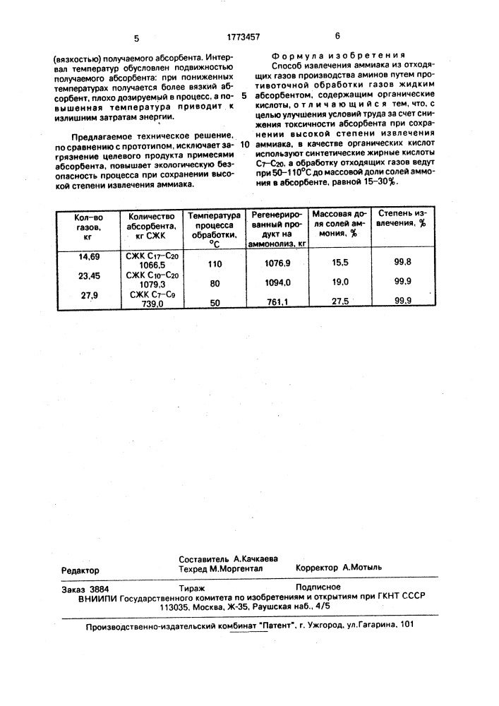 Способ извлечения аммиака из отходящих газов производства аминов (патент 1773457)