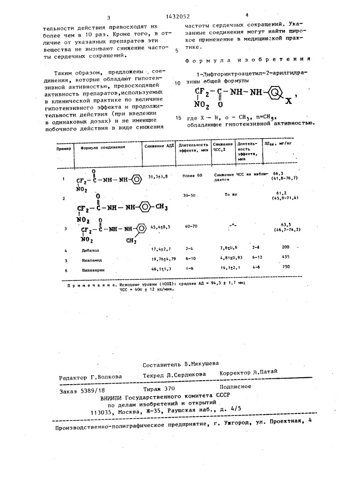 1-дифторнитроацетил-2-арилгидразины,обладающие гипотензивной активностью (патент 1432052)