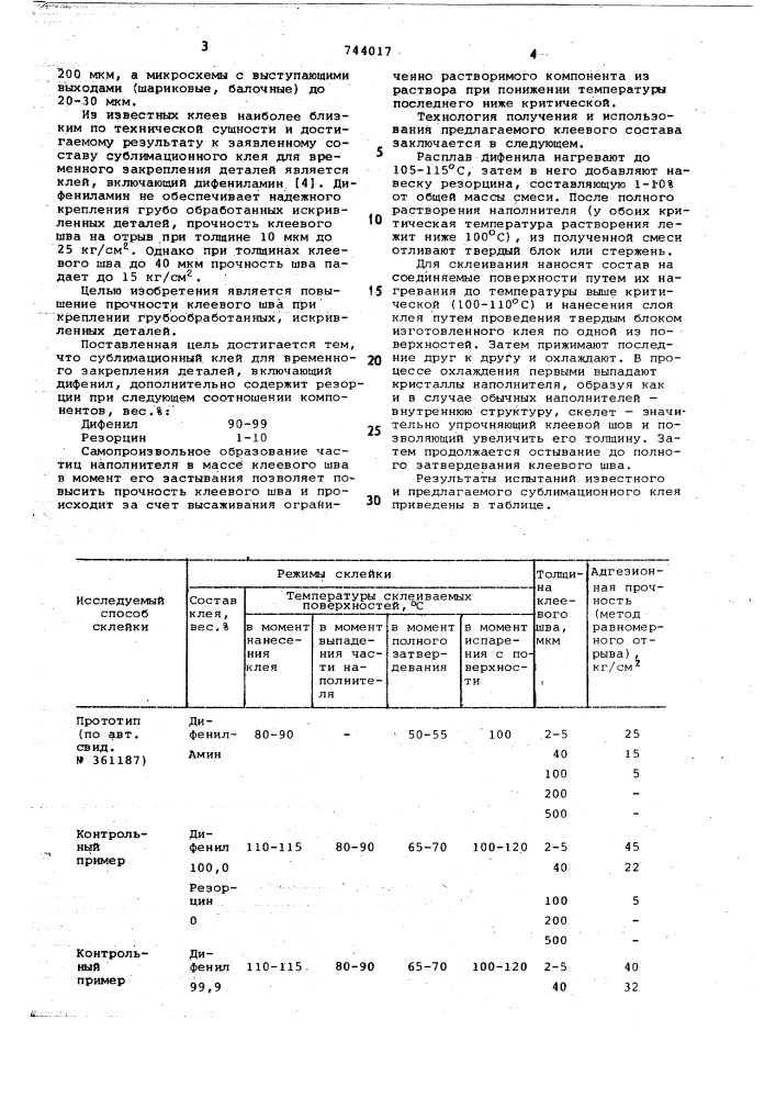 Сублимационный клей для временного закрепления деталей (патент 744017)