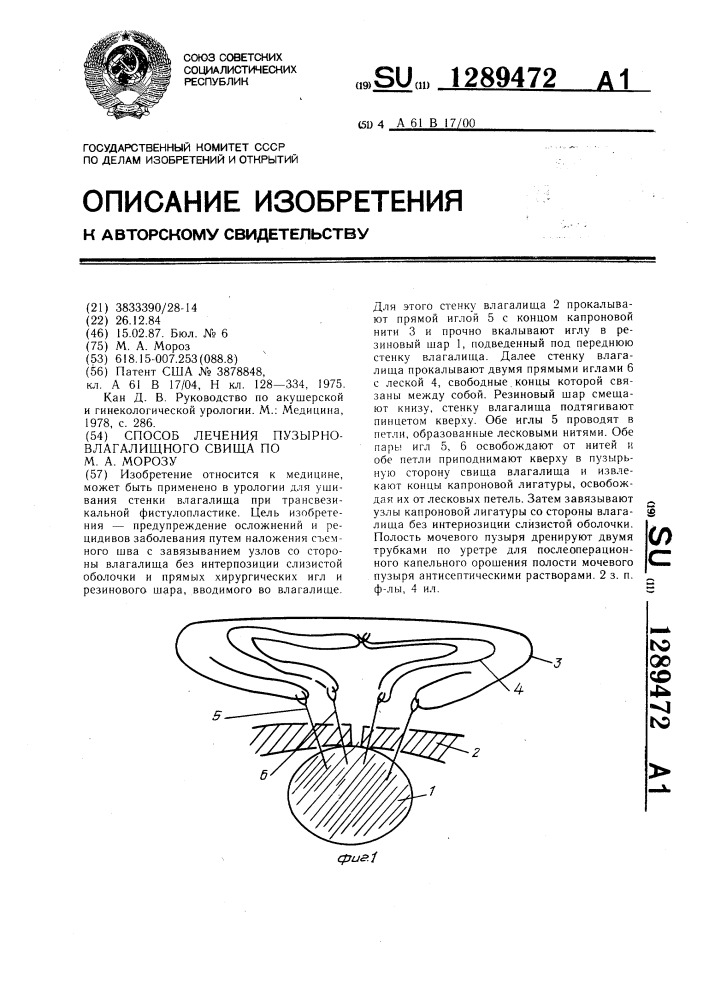 Способ лечения пузырно-влагалищного свища по м.а.морозу (патент 1289472)