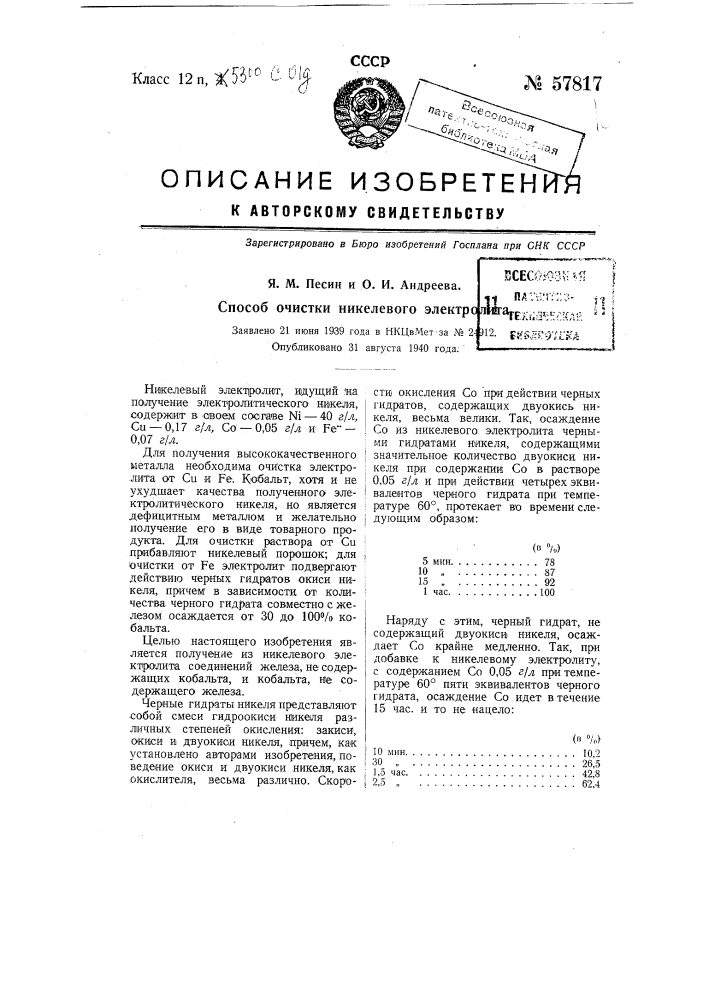 Способ очистки никелевого электролита (патент 57817)