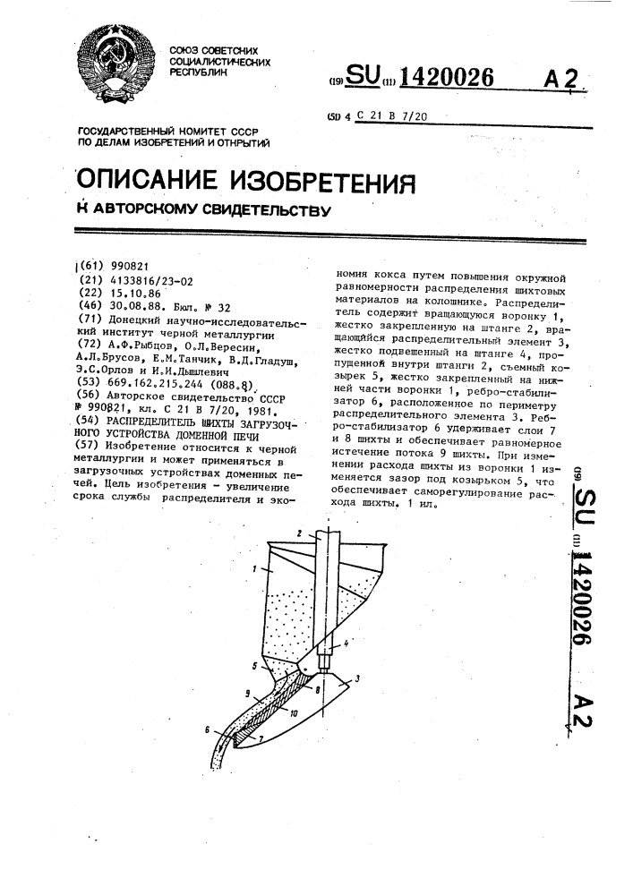 Распределитель шихты загрузочного устройства доменной печи (патент 1420026)