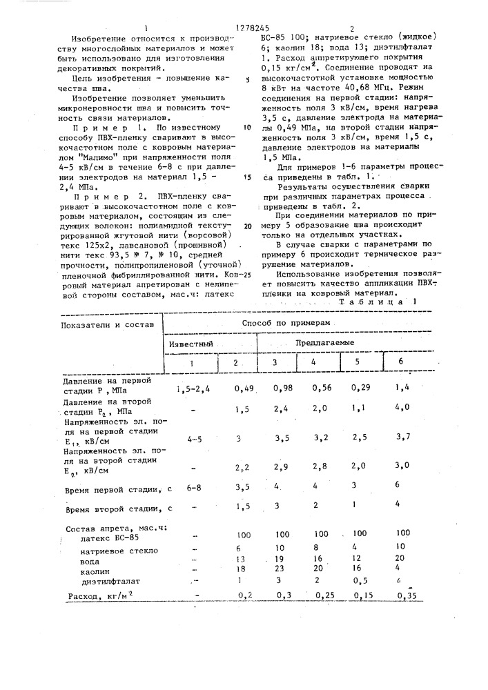 Способ высокочастотной сварки поливинилхлоридной пленки с ковровым материалом (патент 1278245)