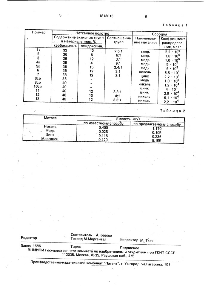 Нетканое полотно на основе катионообменного гидролизованного полиакрилонитрильного волокна (патент 1813013)