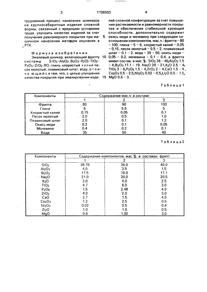 Эмалевый шликер (патент 1706983)