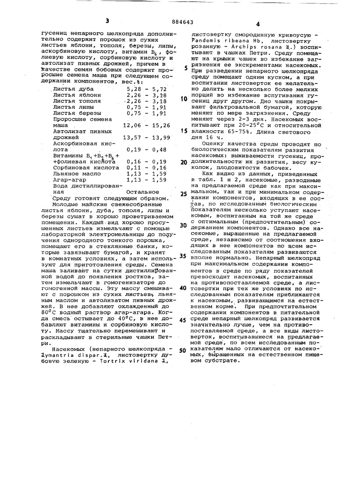 Питательная среда для разведения гусениц насекомых (патент 884643)