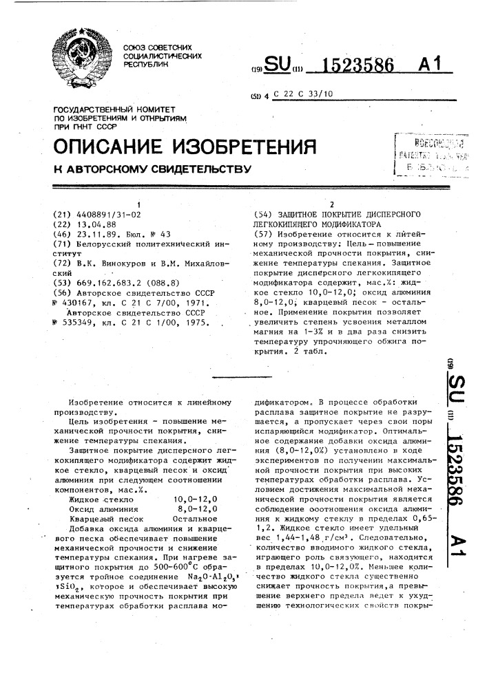 Защитное покрытие дисперсного легкокипящего модификатора (патент 1523586)