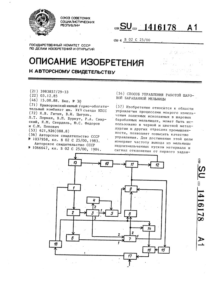 Способ управления работой шаровой барабанной мельницы (патент 1416178)