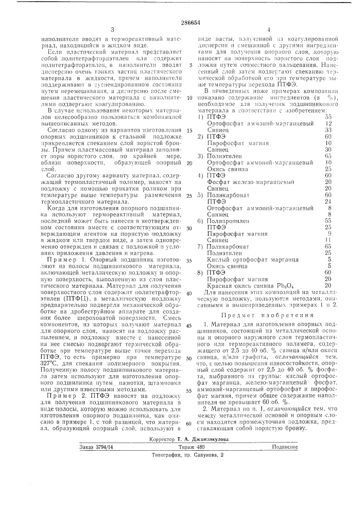 Материал для изготовления опорных подшипников (патент 286654)