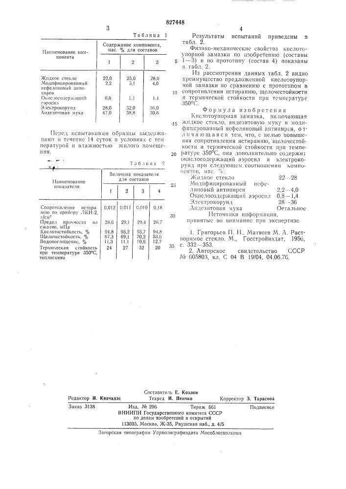 Кислотоупорная замазка (патент 827448)