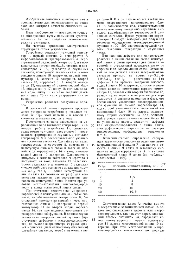 Устройство для обнаружения неоднородностей в линии связи (патент 1467768)