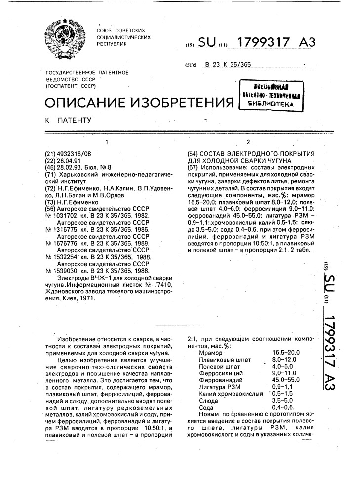 Состав электродного покрытия для холодной сварки чугуна (патент 1799317)