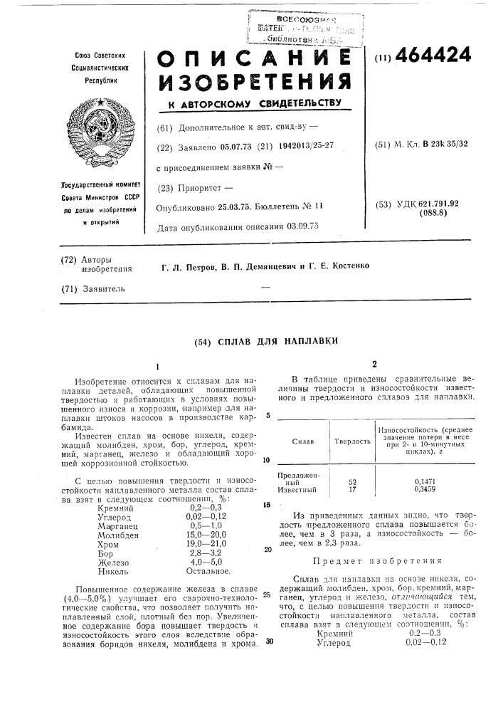 Сплав для наплавки (патент 464424)