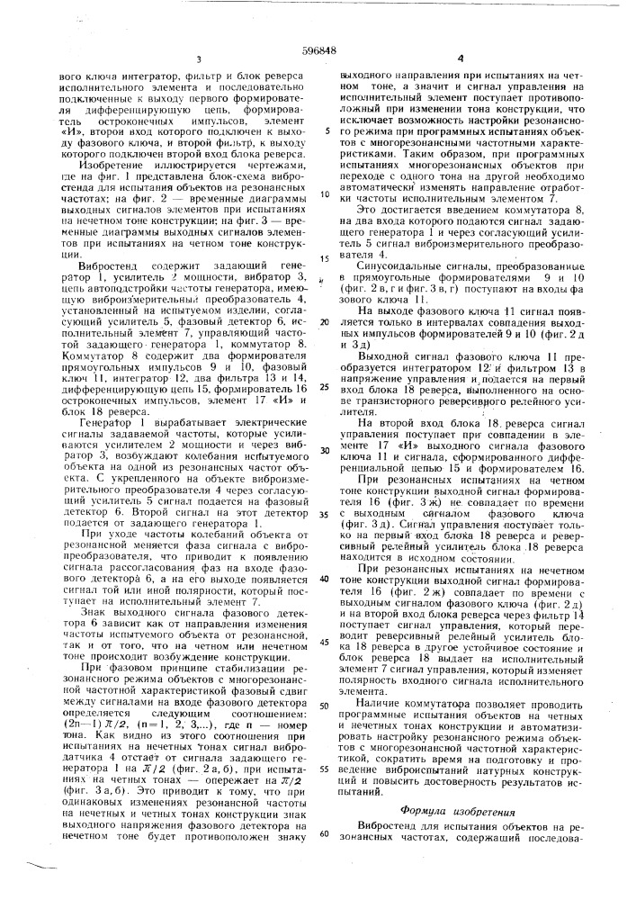 Вибростенд для испытания объектов на резонансных частотах (патент 596848)