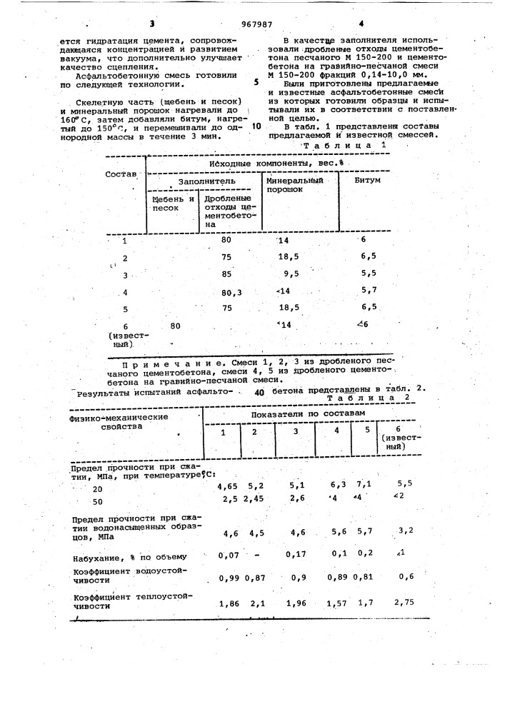 Асфальтобетонная смесь (патент 967987)